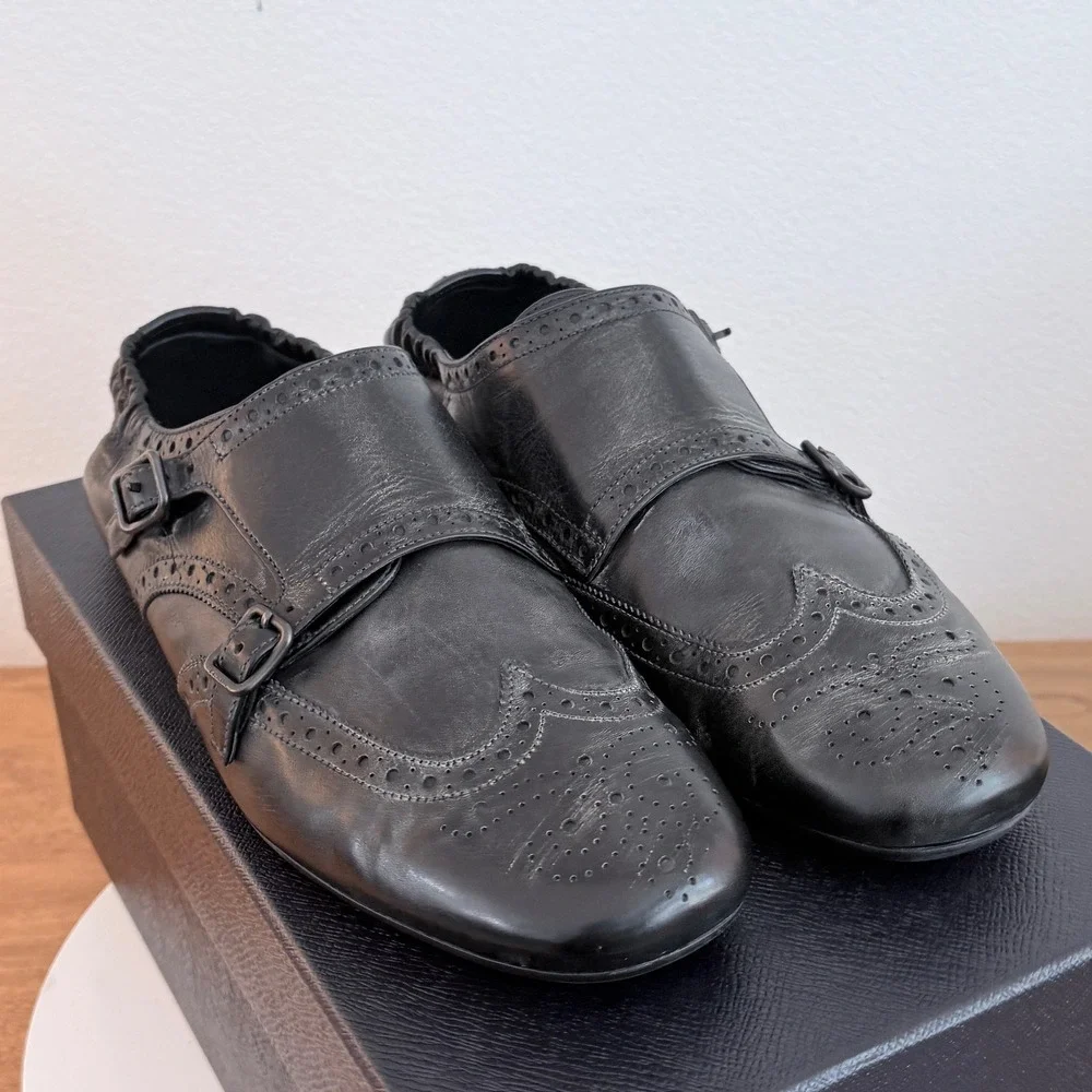 Prada 2EG469 Mens Leather Double Monk Strap Wingtip Shoes Grey Black UK 8